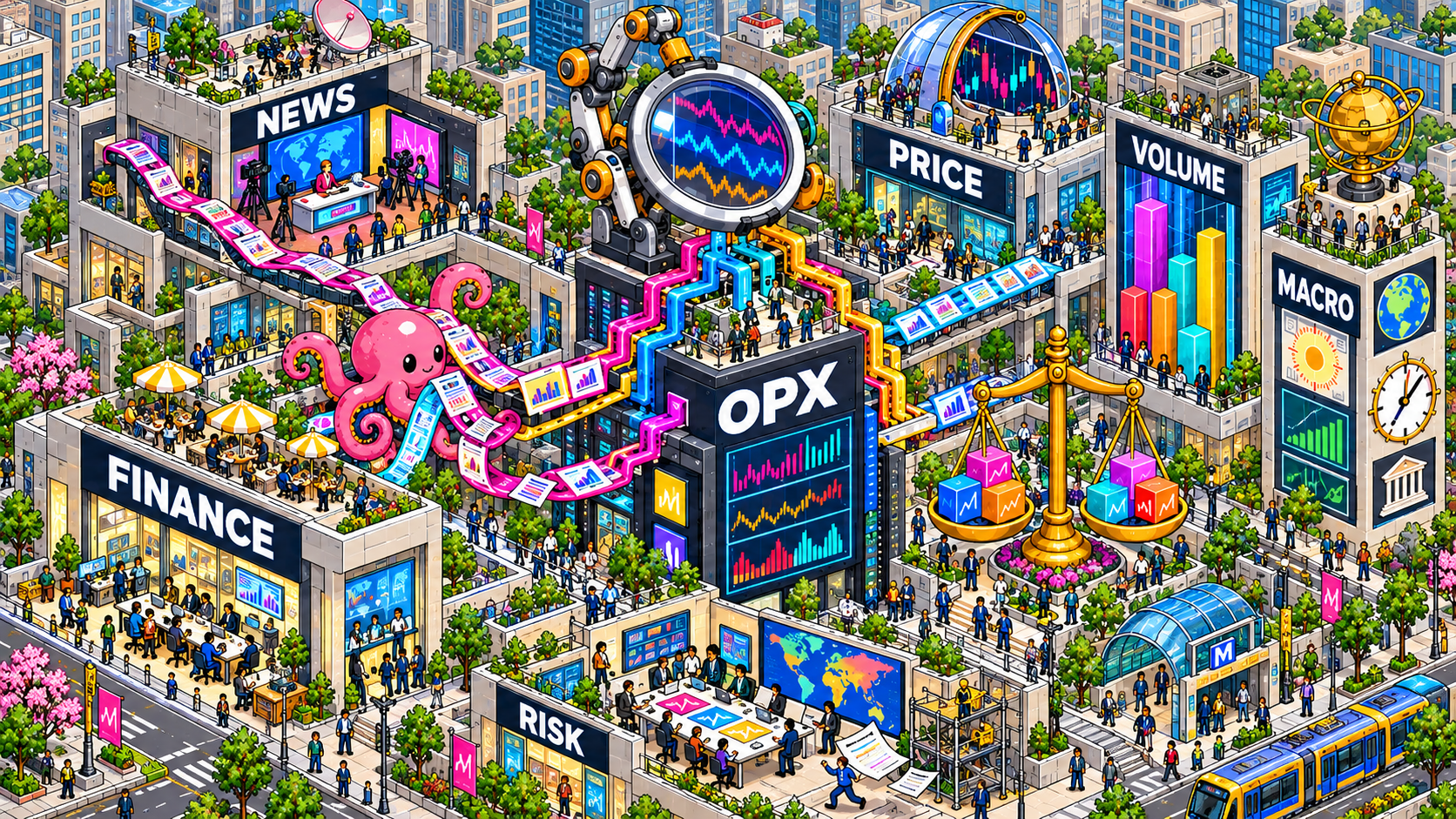 연설 · 뉴스 · 차트 · 거래량 · 경제지표 → OPX → 포트폴리오 판단의 적용 아키텍처